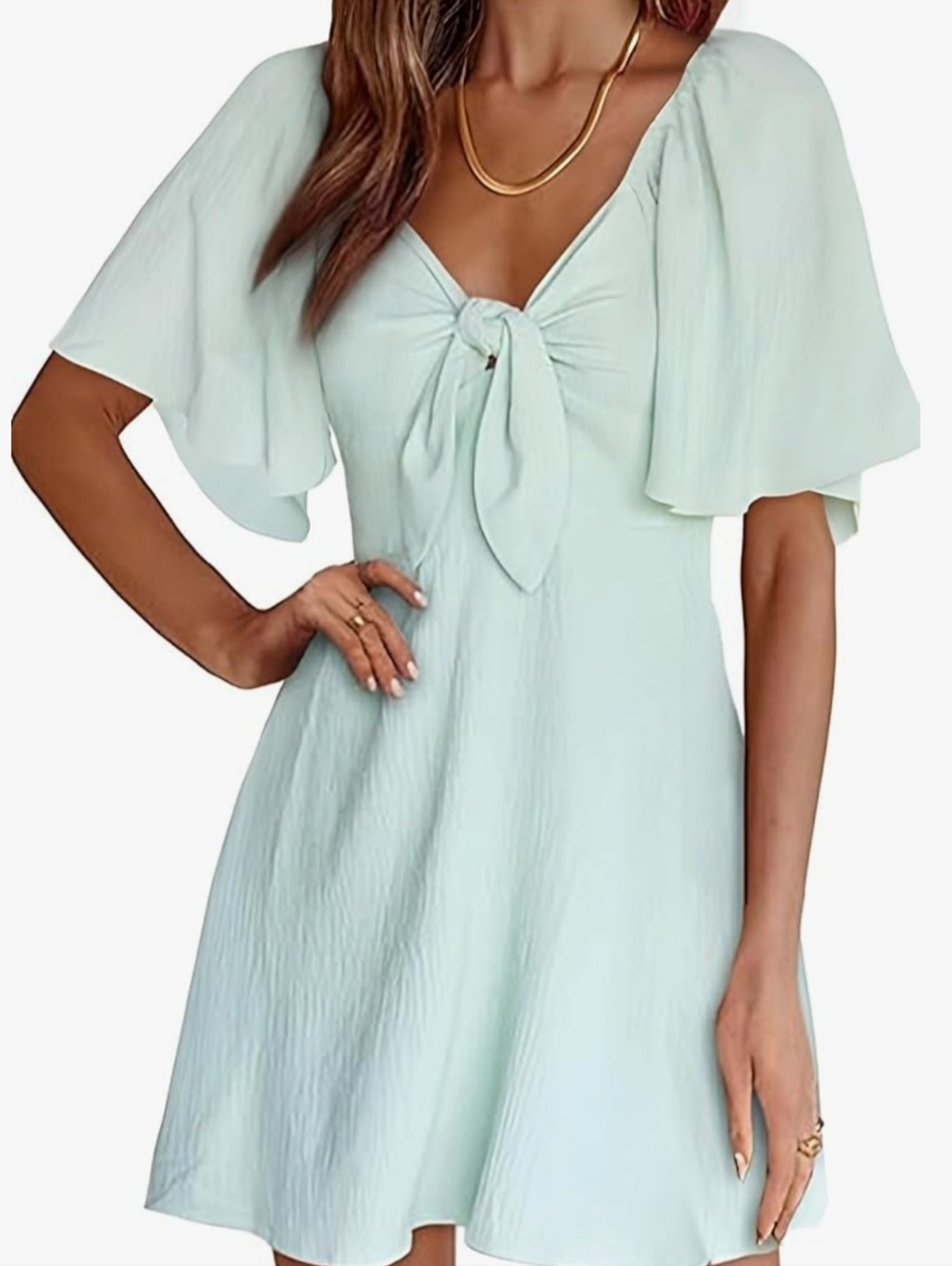 Tie-Front Flutter Sleeve Mini Dress in Light Mint